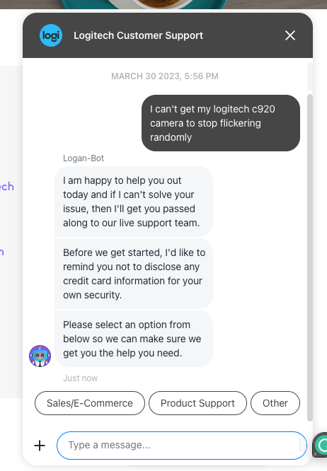 A screenshot of the logitech chat bot in action