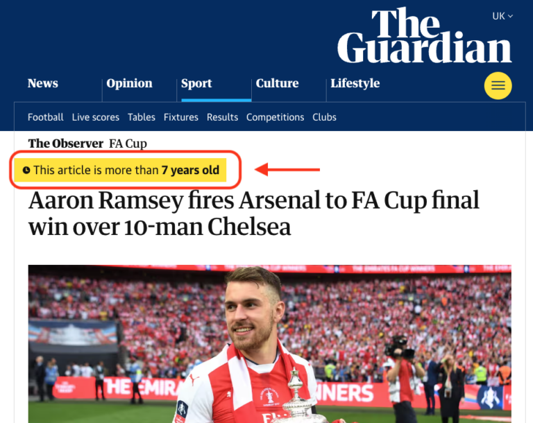 Image showing the highlighted age of the old article on Guardian homepage
