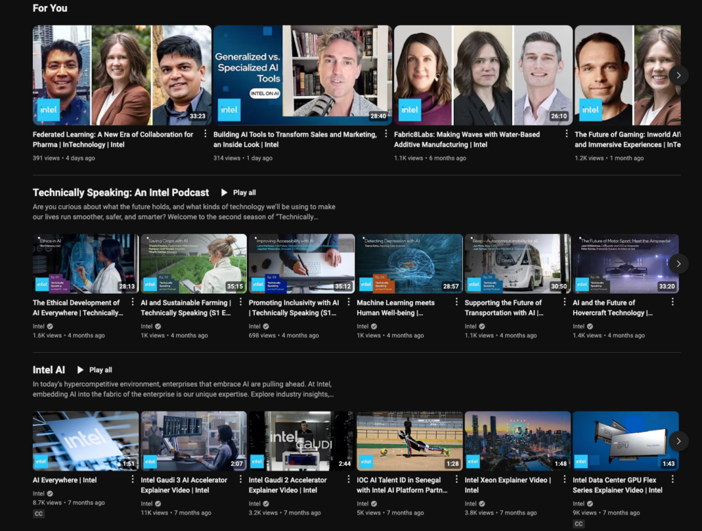 A screenshot of Intel's YouTube account