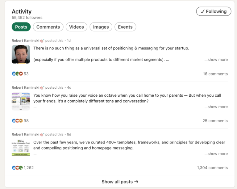 A screenshot of a LinkedIn account showing hooks