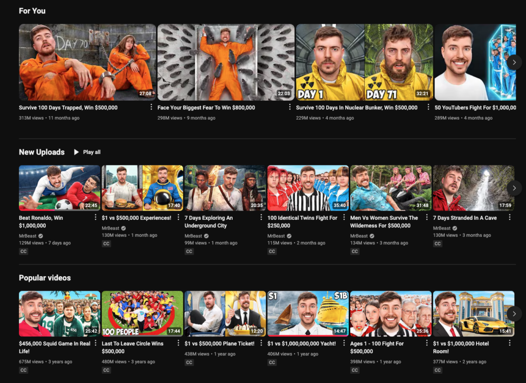 A screenshot showing engaging titles of MrBeast's YouTube Channel